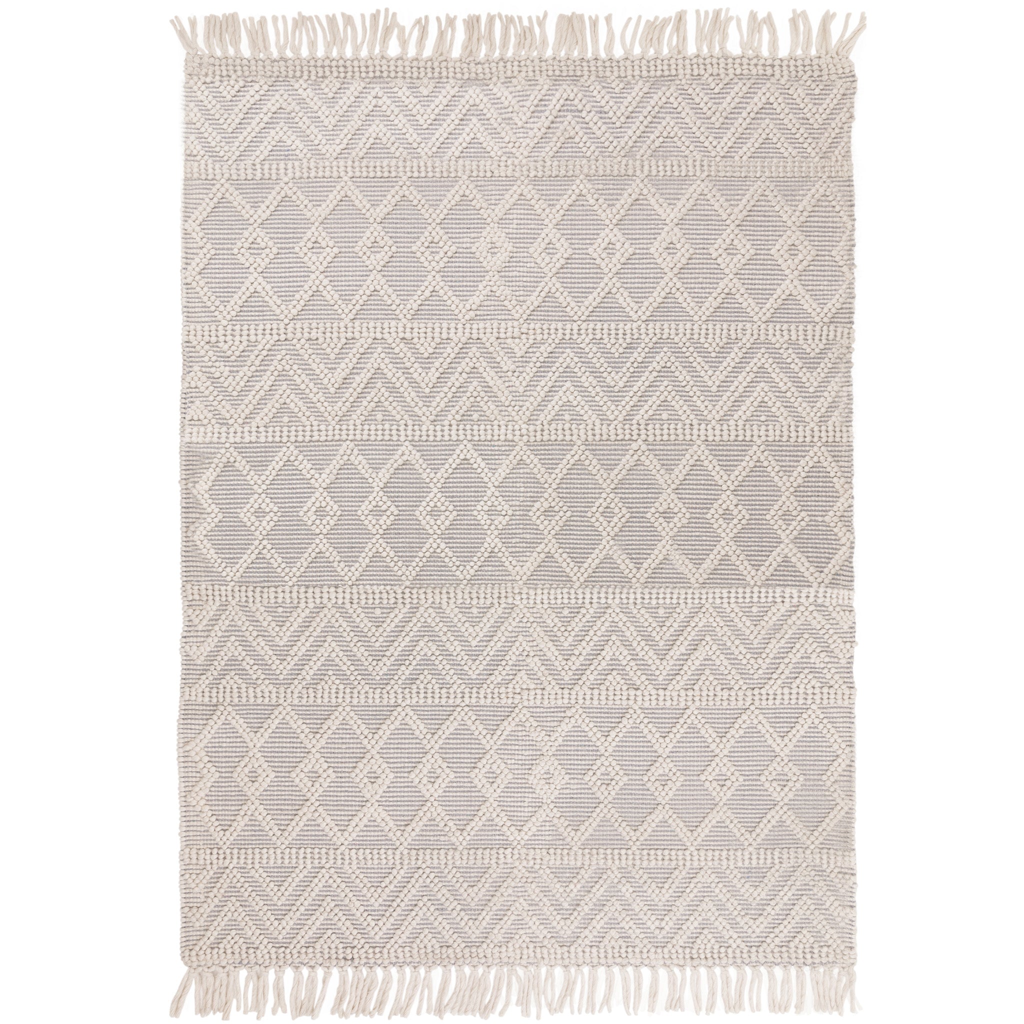 Modern look boho rug, crafted in soft natural weaves in cream and grey. This rug features a bobble finish and fringe detailing. Size Extra Large. Pile height: 10mm Dimensions: 2000 x 2900 mm  100% Wool  Handwoven in India Delivery: 5-7 days